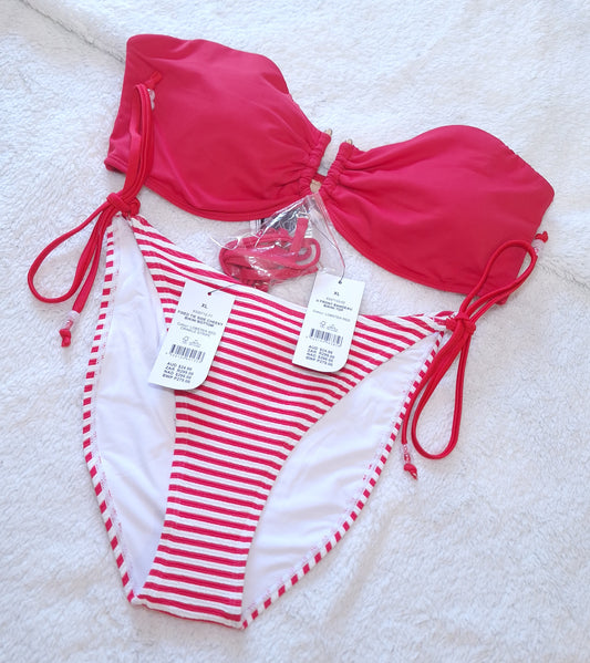 Cotton On U Front Bandeau Bikini Top Colour: Lobster Red, Fixed Tie Side Cheeky Bikini Bottom Colour: Lobster Red Crinkle Stripe