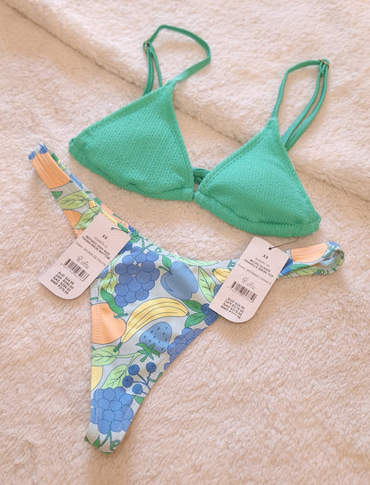 Cotton On Micro Slider Triangle Bikini Top Colour: Mermaid Crinkle,  Refined High Side Thong Bottom Colour: Salade De Fruits