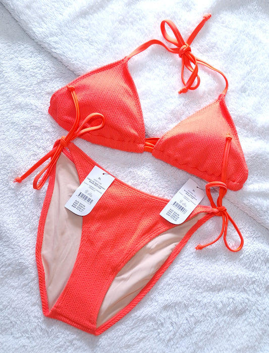 Cotton On Slider Triangle Bikini Top, Fixed Tie Side Cheeky Bikini Bottom Colour: Vibrant Orange Crinkle