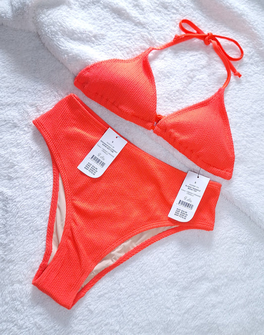 Cotton On Slider Triangle Bikini Top, High-waisted Cheeky Bikini Bottom  Colour: Vibrant Orange Crinkle