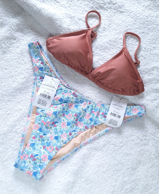 Cotton On Micro Slider Triangle Bikini Top  Colour: Rose Dust Shimmer, Refined High Side Brazilian Bikini Bottom  Colour: Floral Fraise