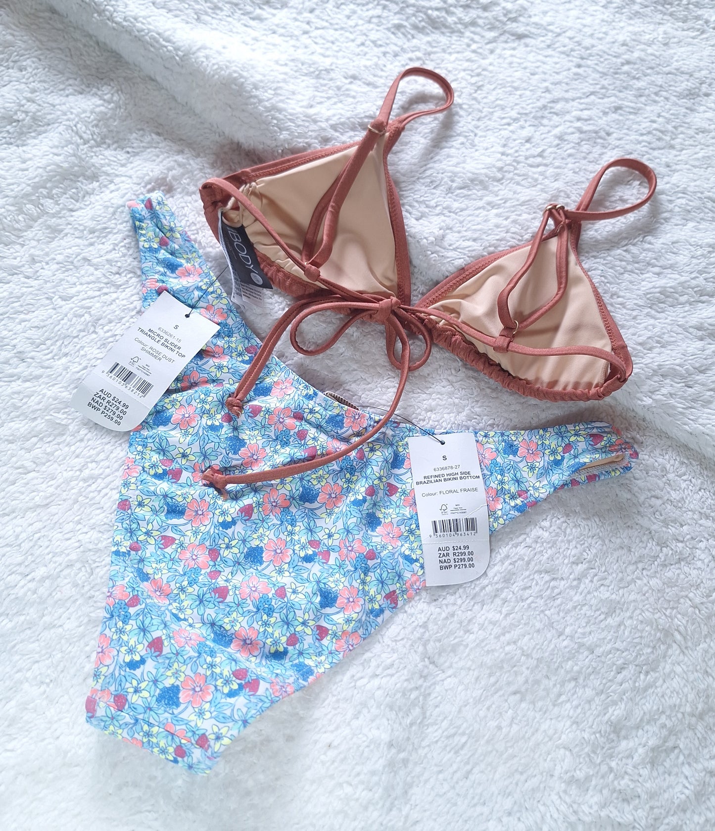 Cotton On Micro Slider Triangle Bikini Top  Colour: Rose Dust Shimmer, Refined High Side Brazilian Bikini Bottom  Colour: Floral Fraise