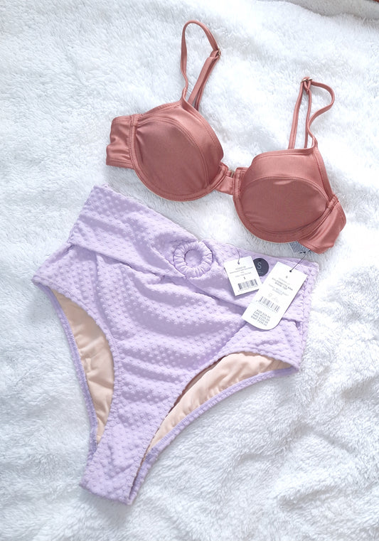 Cotton On Balconette Bra Bikini Top  Colour: Rose Dust Shimmer, Belted BoyShort Bikini Bottom  Colour: Violet Terry Spot