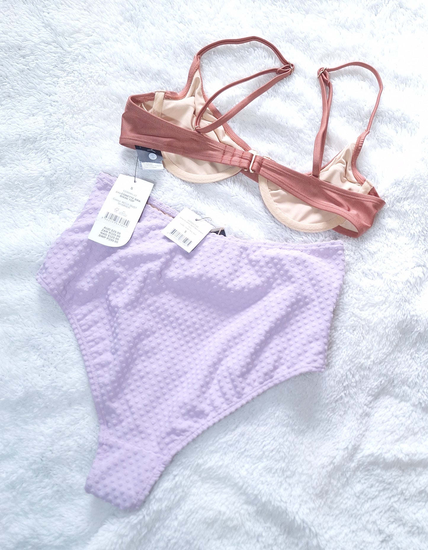 Cotton On Balconette Bra Bikini Top  Colour: Rose Dust Shimmer, Belted BoyShort Bikini Bottom  Colour: Violet Terry Spot