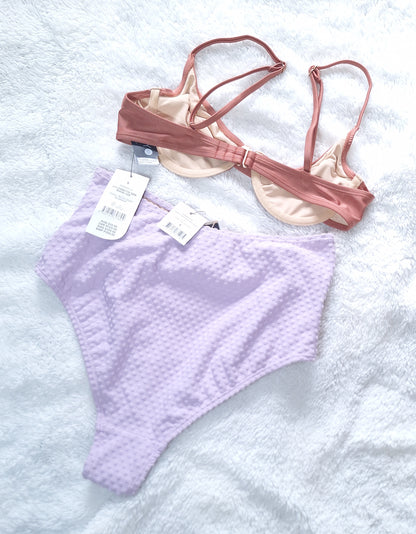 Cotton On Balconette Bra Bikini Top  Colour: Rose Dust Shimmer, Belted BoyShort Bikini Bottom  Colour: Violet Terry Spot