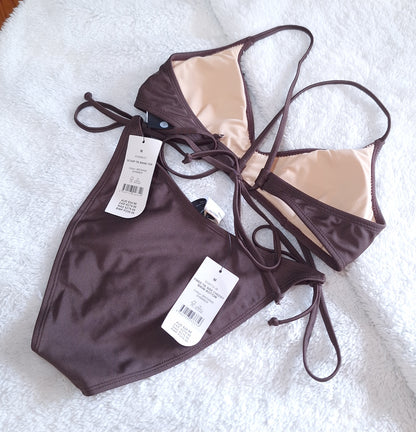 Cotton On Scoop Tri Bikini Top, Fixed Tie Side Cheeky Bikini Bottom  Colour: Brownie Shimmer