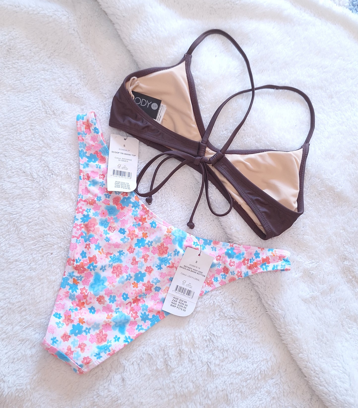 Cotton On Scoop Tri Bikini Top  Colour: Brownie Shimmer, Refined High Side Brazilian Bikini Bottom  Colour: Lea Floral