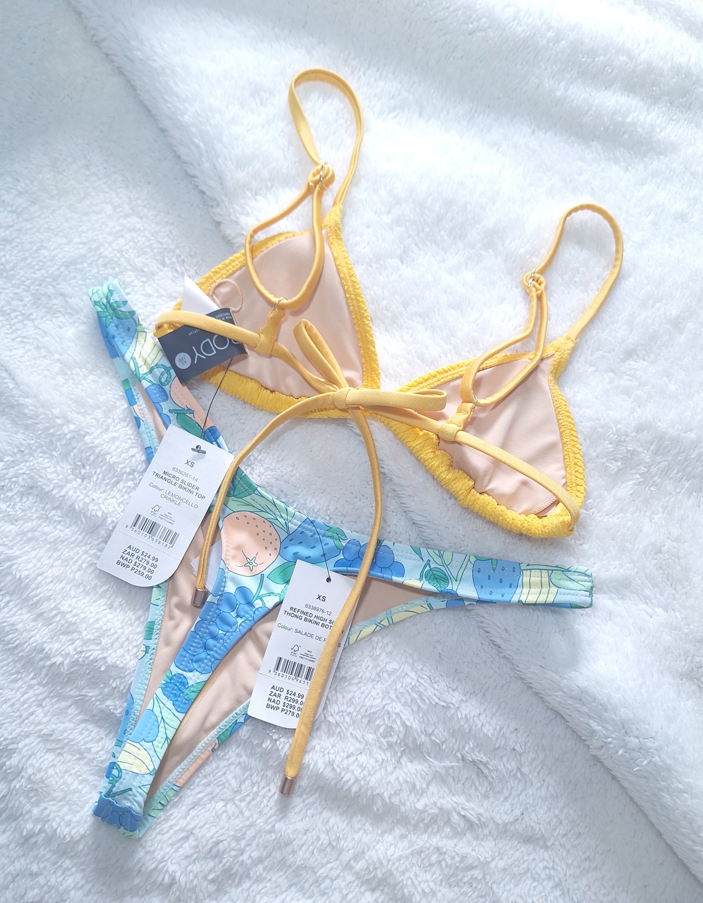 Cotton On Micro Slider Triangle Bikini Top  Colour: Lemoncello Crinkle, Refined High Side Thong  Colour: Salade De Fruits