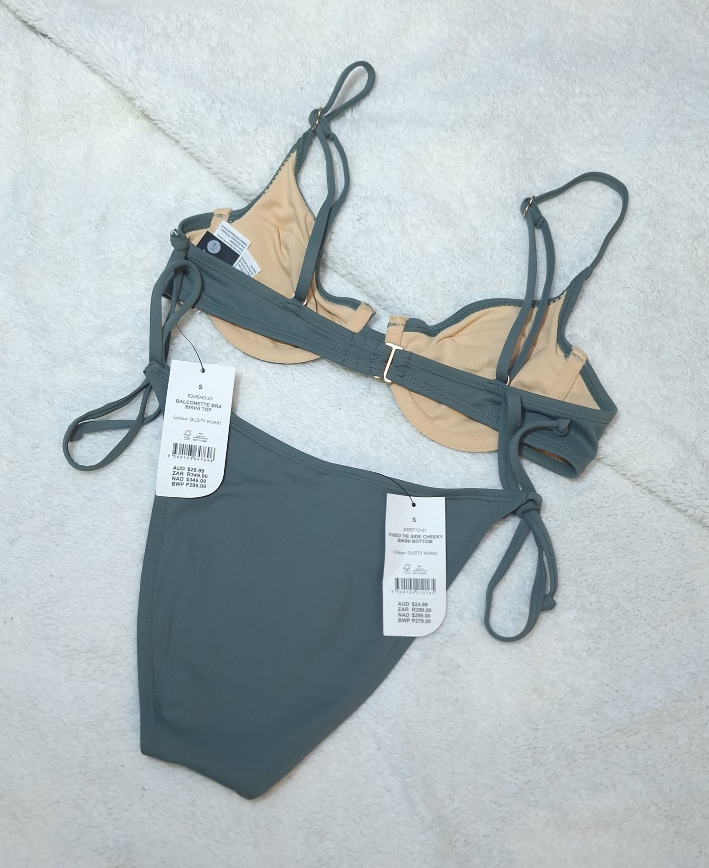 Cotton On Balconette Bra Bikini Top, Fixed Tie Side Cheeky Bikini Bottom Colour: Dusty Khaki