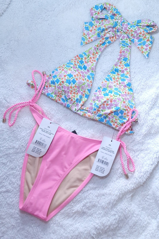 Cotton On High Apex Slider Triangle Bikini Top Colour: Gina Floral, Fixed Tie Side Cheeky Bikini Bottom Colour: Pink Sorbet