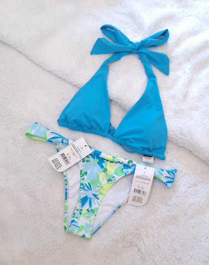 Cotton On High Apex Slider Triangle Bikini Top Colour: Crystal Blue, Thick Gathered Strap Brazilian Bikini Bottom Colour: Gabrielle Floral