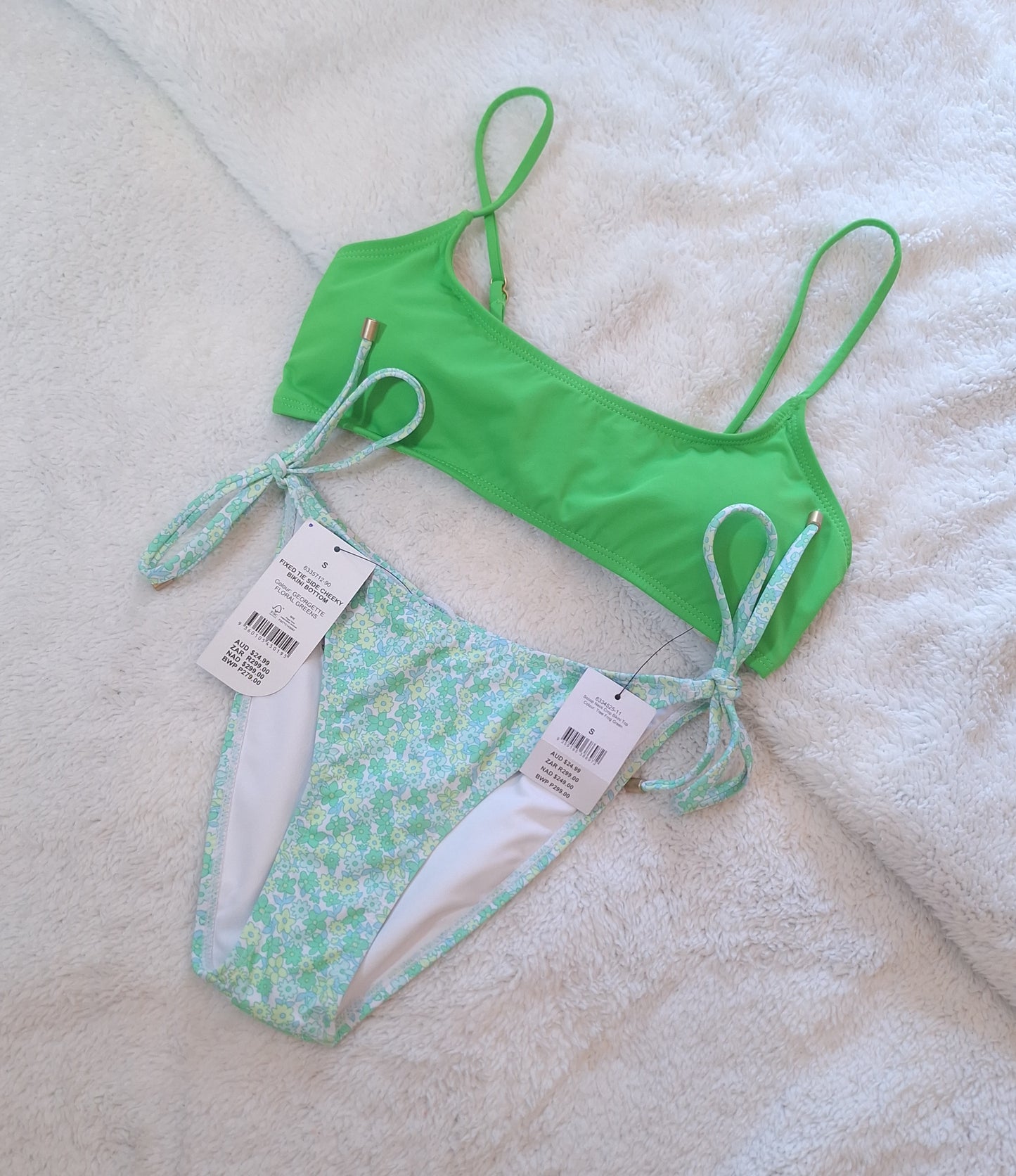 Cotton On Scoop Neck Crop Bikini Top Colour: Tree Frog Green, Fixed Tie Side Cheeky Bikini Bottom Colour: Georgette Floral Greens