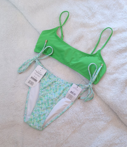 Cotton On Scoop Neck Crop Bikini Top Colour: Tree Frog Green, Fixed Tie Side Cheeky Bikini Bottom Colour: Georgette Floral Greens