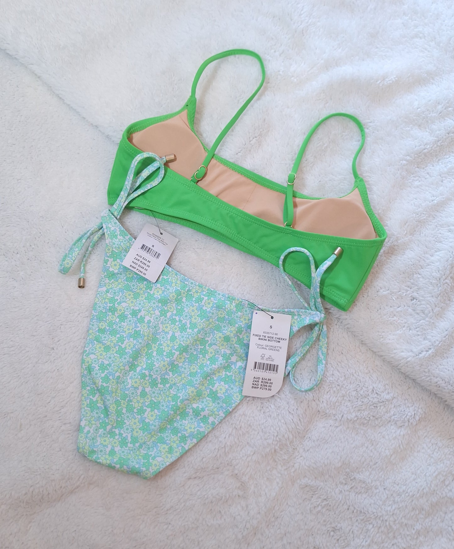 Cotton On Scoop Neck Crop Bikini Top Colour: Tree Frog Green, Fixed Tie Side Cheeky Bikini Bottom Colour: Georgette Floral Greens