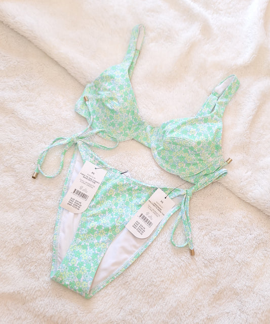 Cotton On Underwire Balconette Bikini Top, Fixed Tie Side Cheeky Bikini Bottom Colour: Georgette Floral Greens