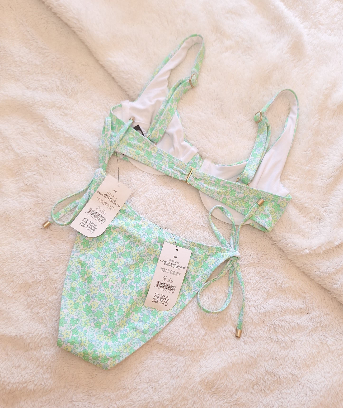 Cotton On Underwire Balconette Bikini Top, Fixed Tie Side Cheeky Bikini Bottom Colour: Georgette Floral Greens