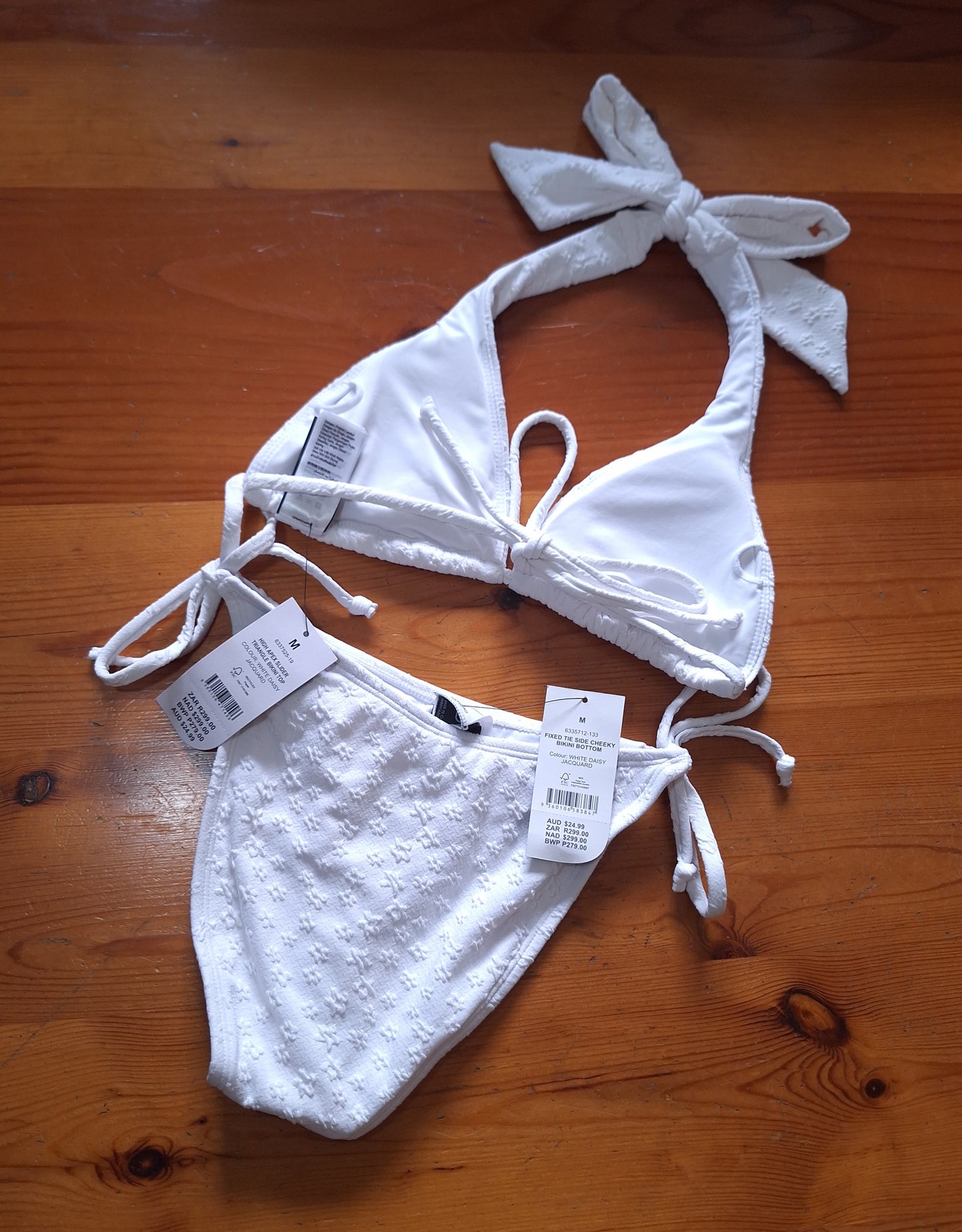 Cotton on High Apex Slider Triangle Bikini Top, Fixed Tie Side Cheeky Bikini Bottom Colour: White Daisy Jacquard