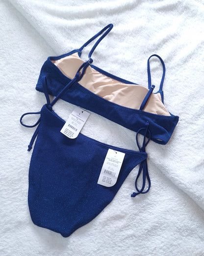 Cotton on Straight Neck Crop Bikini Top, Fixed Tie Side Cheeky Bikini Bottom Colour: Deep Blue Metallic Crinkle