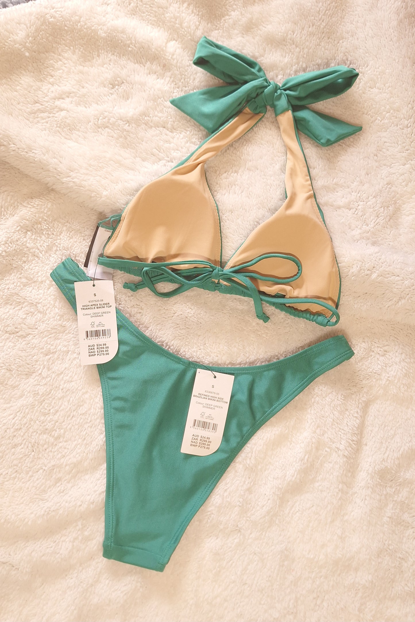 Cotton On High Apex Slider Triangle Bikini Top, Refined High Side Brazilian Bikini Bottom Colour: Deep Green Shimmer