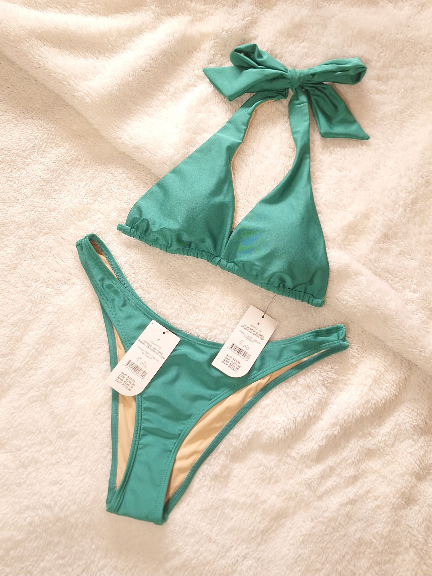 Cotton On High Apex Slider Triangle Bikini Top, Refined High Side Brazilian Bikini Bottom Colour: Deep Green Shimmer